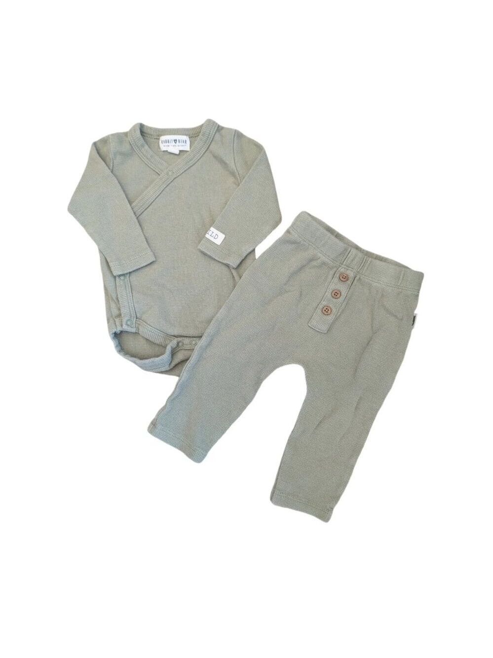 Rabbit and Bear Green Waffle‎ Material Onesie and Pants Set 3-6m